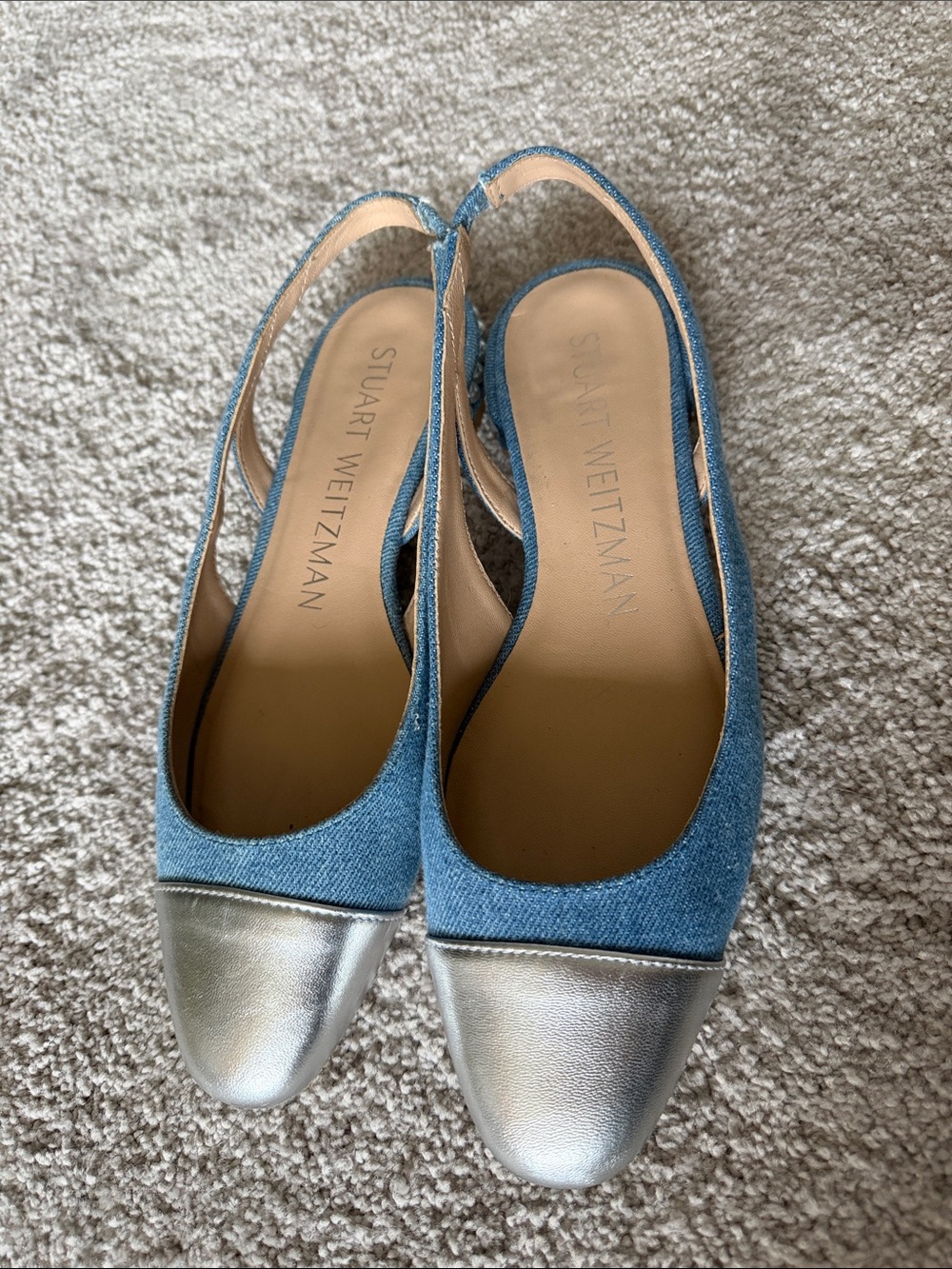 Stuart Weitzman Denim Slingback Mules with Silver Cap Toe
